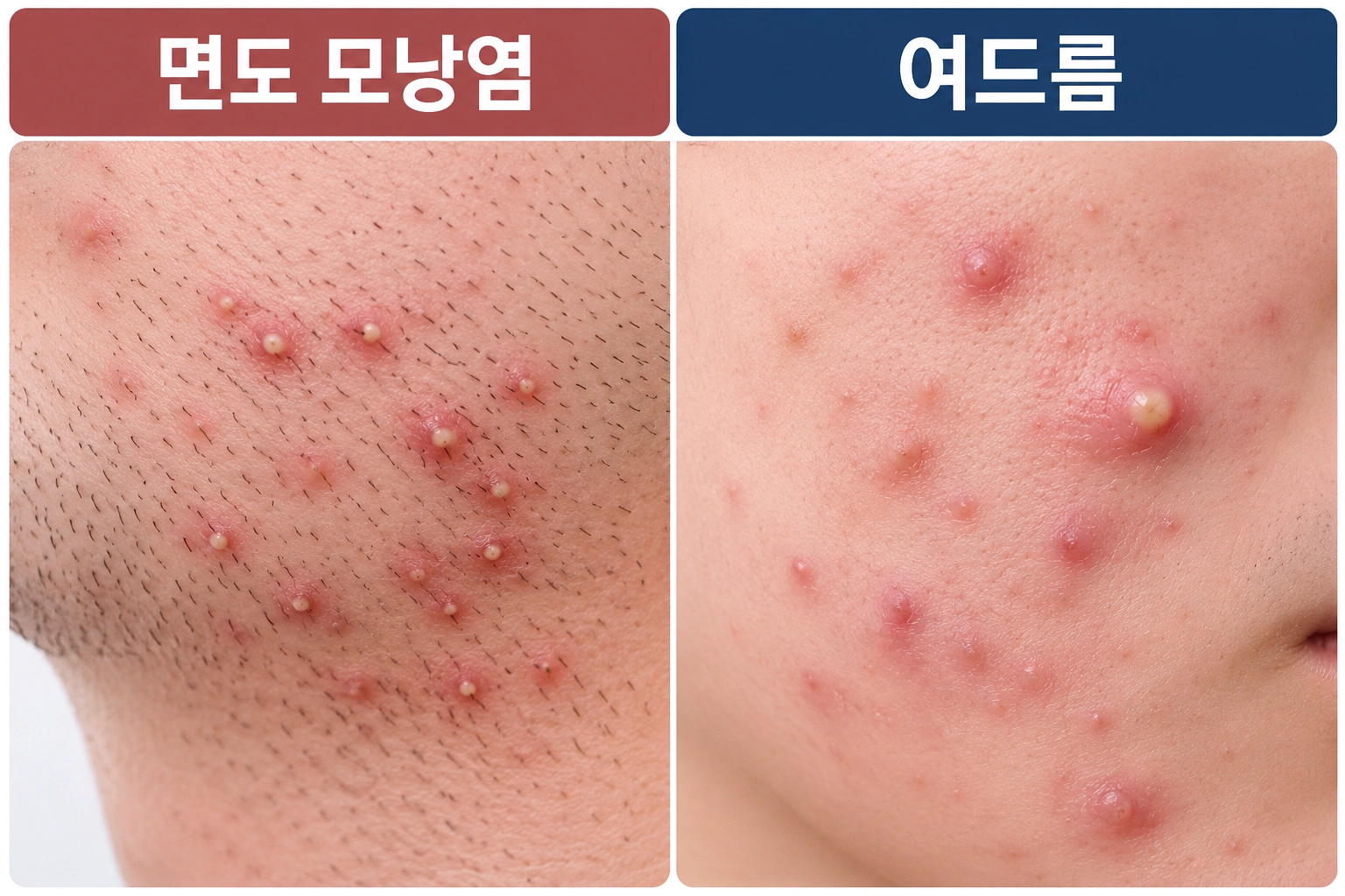면도로 생긴 모낭염과 남자여드름의 피부 병변 비교 사진