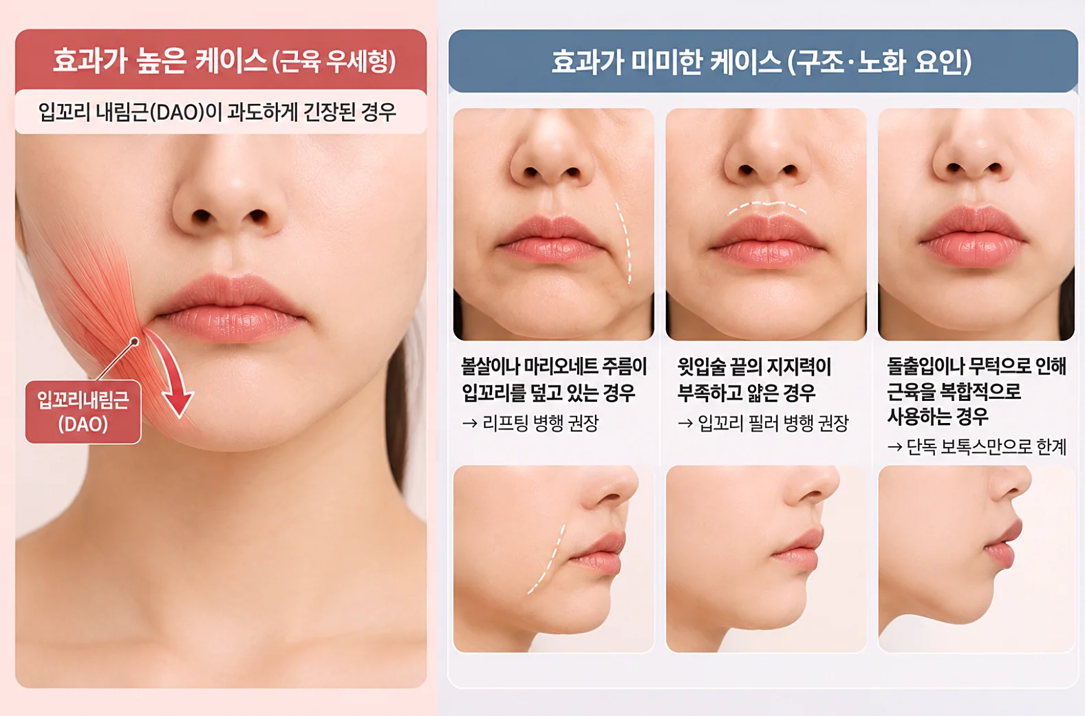 입꼬리 보톡스 효과가 좋은 경우와 효과가 미미한 경우 비교