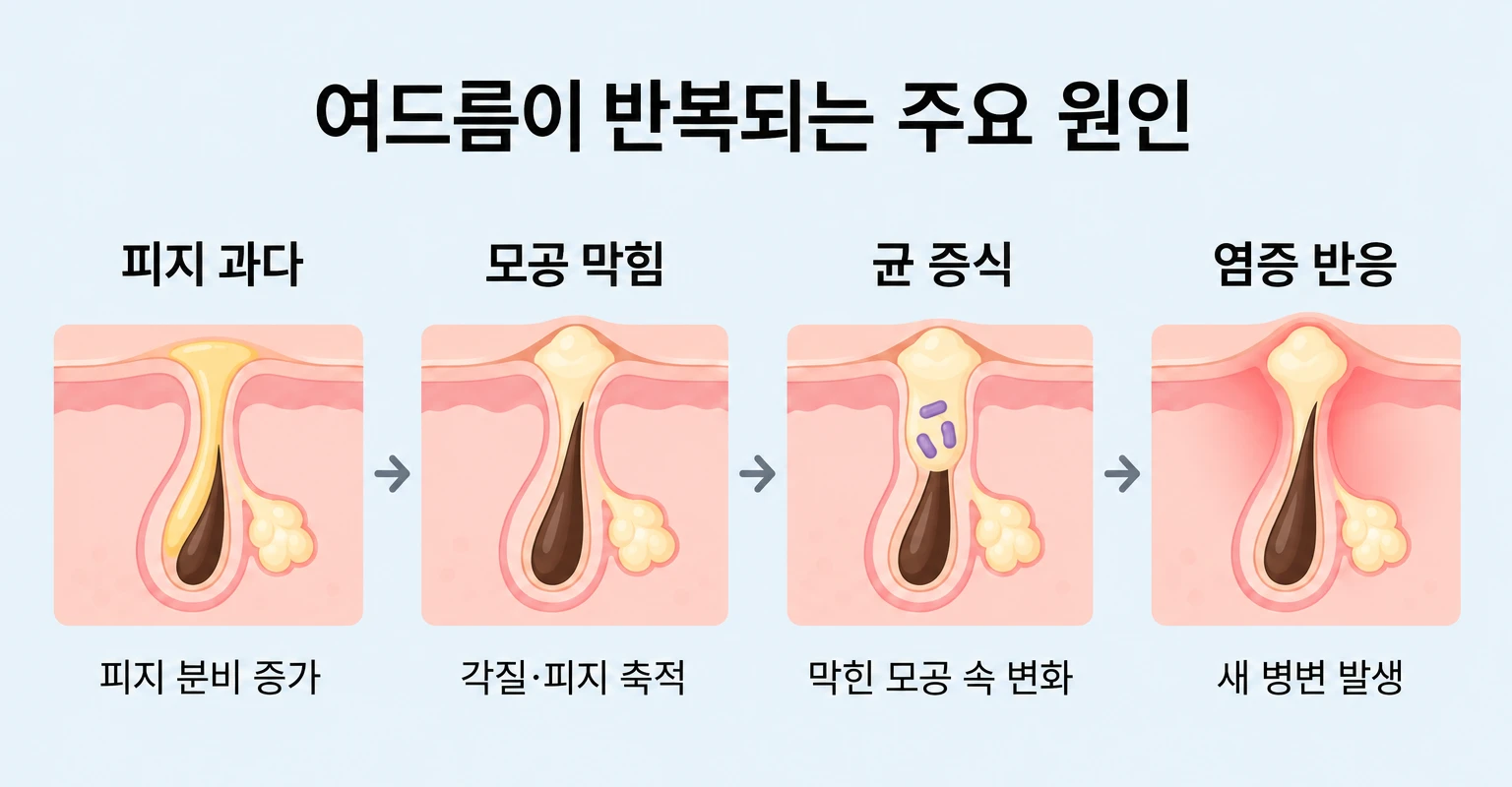 피지 과다와 모공 막힘, 균 증식과 염증으로 여드름이 반복되는 과정