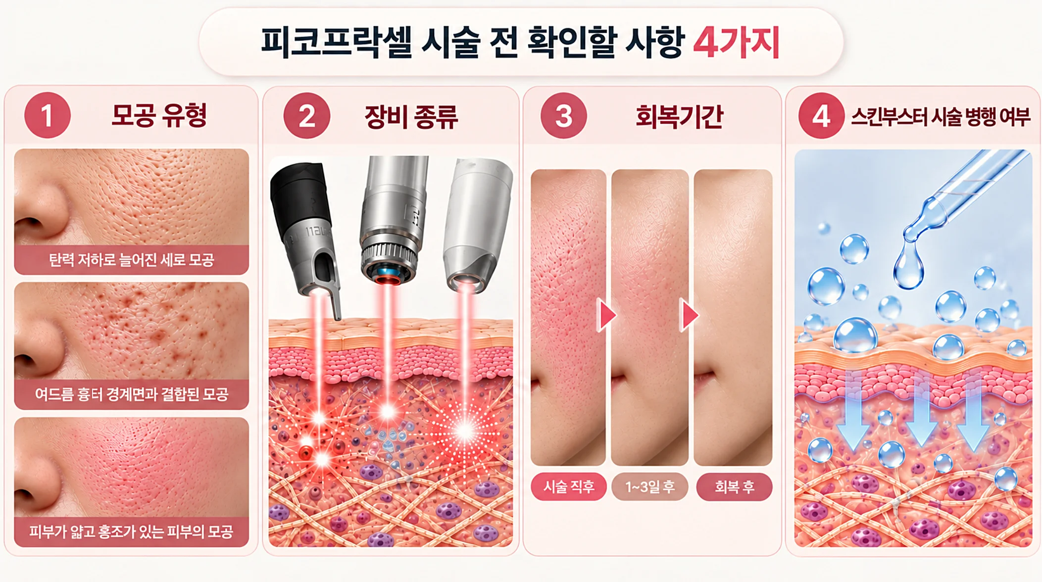 피코프락셀 시술 전 확인할 4가지 사항 - 모공 유형, 장비 종류, 회복기간, 스킨부스터 시술 병행 여부