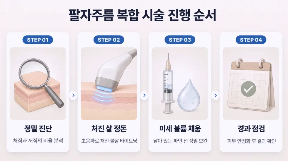 처짐과 꺼짐 분석부터 초음파 리프팅 타이트닝, 미세 볼륨 보완, 경과 확인으로 이어지는 팔자주름 복합 시술 4단계 순서도