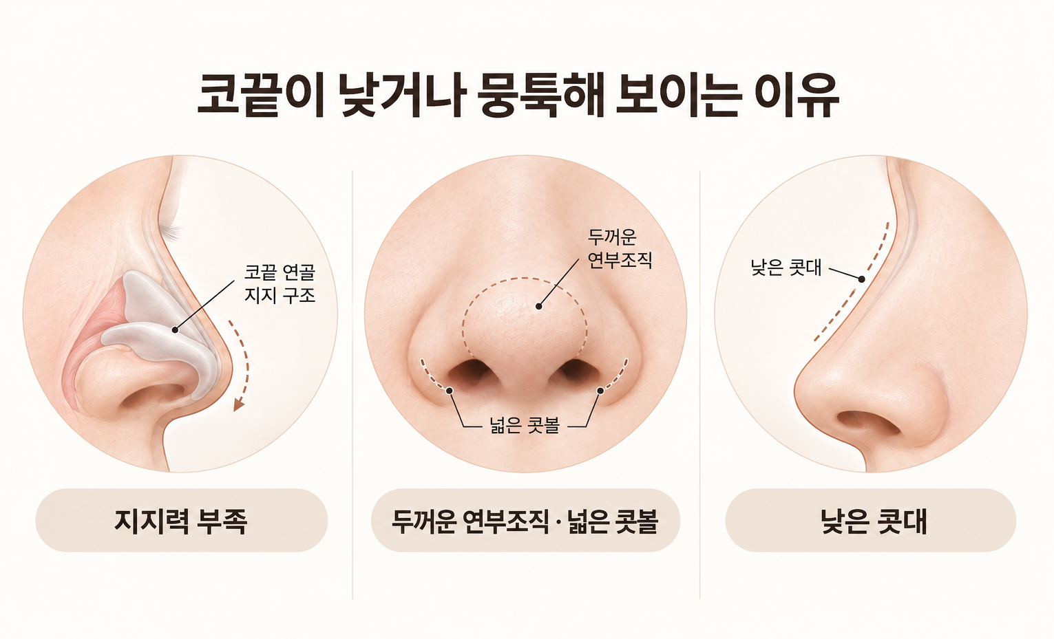 코끝 높이기 전 지지력 부족 두꺼운 연부조직 넓은 콧볼 낮은 콧대 원인