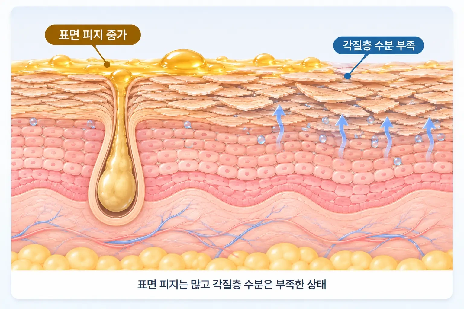 피지 방울이 표면에 덮였지만 각질 세포 사이 수분이 부족한 수분 부족 지성 피부 확대 모식도