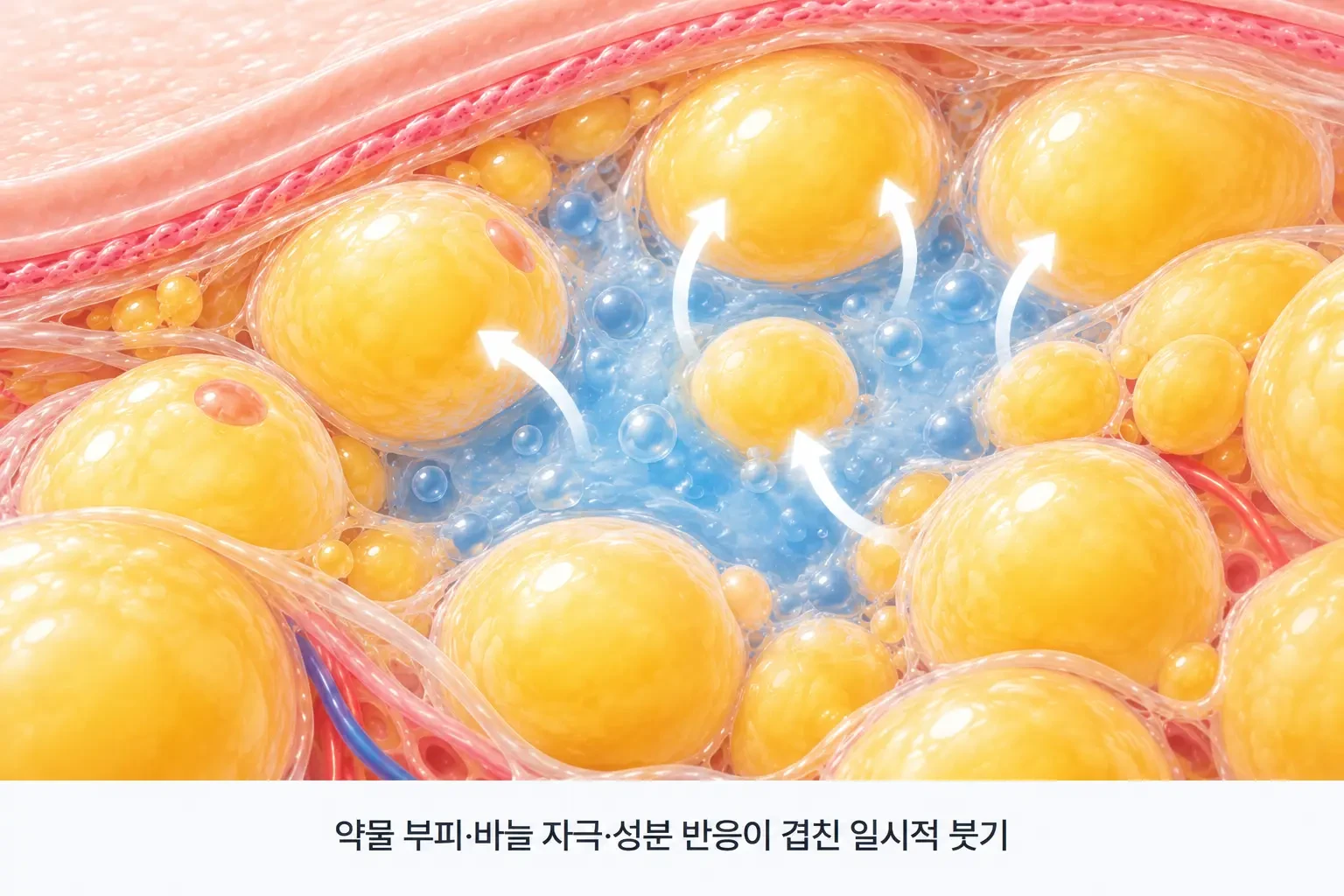턱밑 지방세포 사이에 주입된 약물이 고여 조직이 일시적으로 부풀어 오른 모습을 확대한 개념도