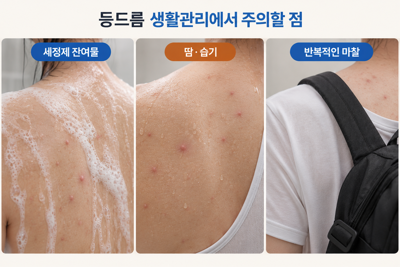 등드름 생활관리 시 주의할 세정제 잔여물 땀 습기 반복적인 마찰