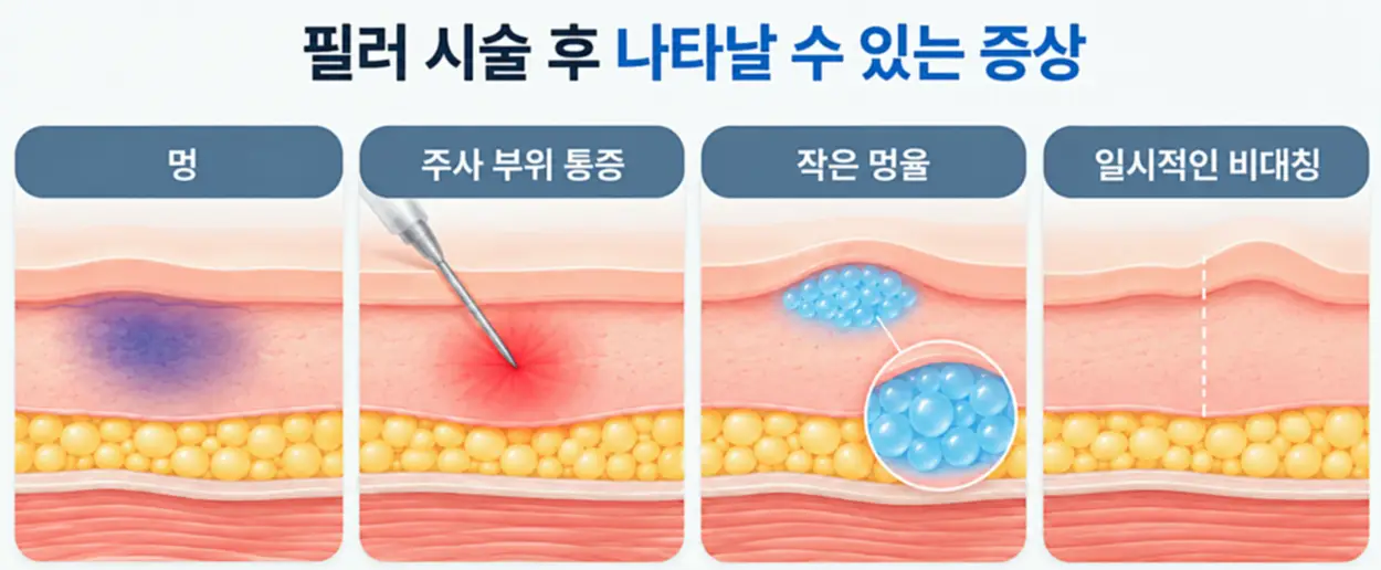 입술필러 시술 후 나타날 수 있는 멍, 주사 부위 통증, 작은 멍울, 일시적인 비대칭을 설명한 이미지