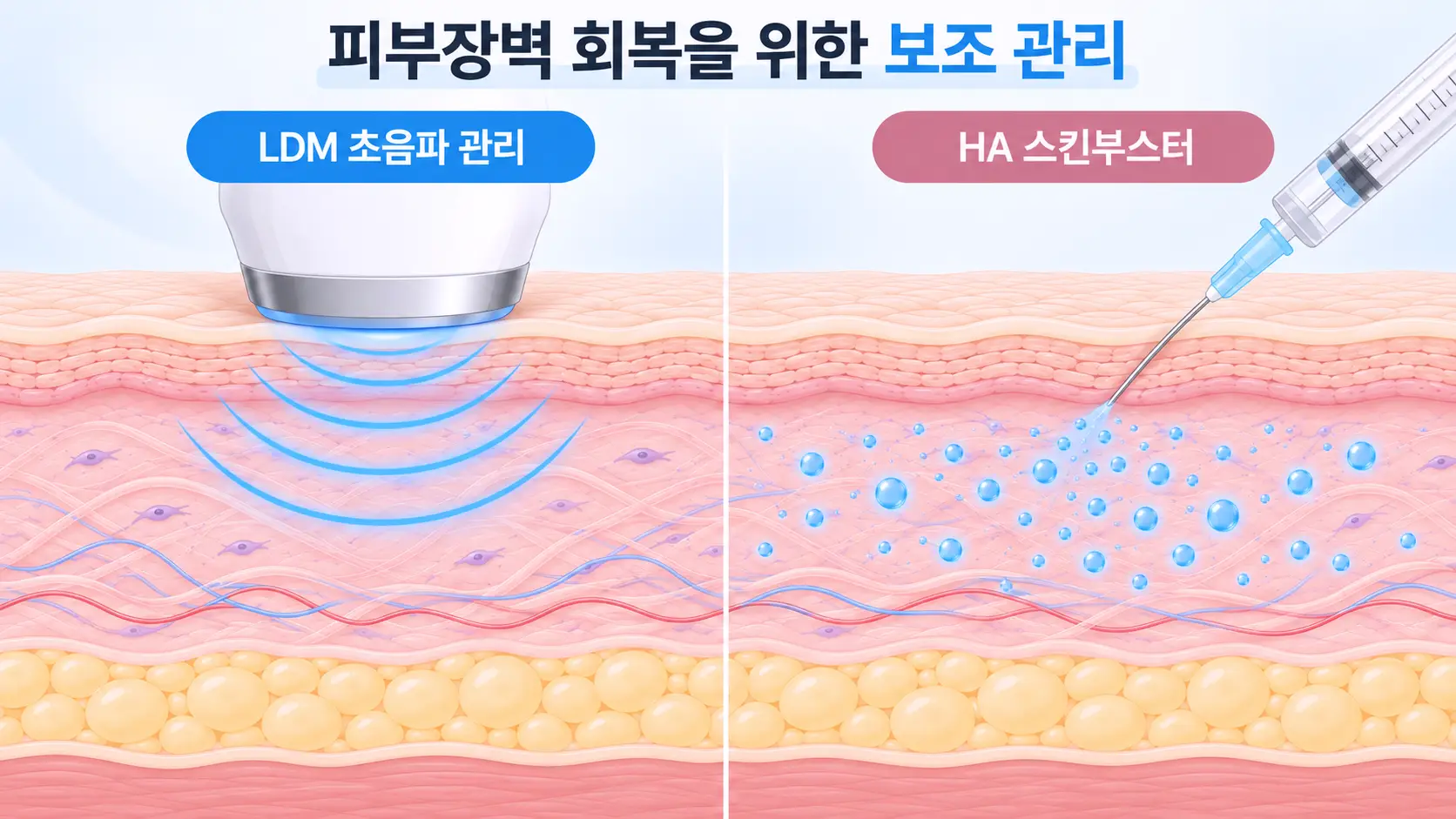 피부장벽 회복을 위한 보조 관리로 LDM 초음파 관리와 히알루론산 스킨부스터를 비교한 의료 일러스트. 초음파 에너지 전달과 진피층 수분 보충 원리를 피부 단면도로 설명한 이미지