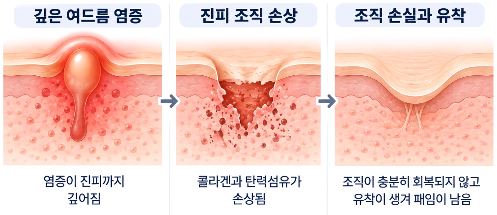 깊은 여드름 염증이 진피 조직을 손상시키고 회복 과정에서 유착과 패인 흉터가 남는 과정을 단계별로 나타낸 여드름흉터 형성 원리 모식도