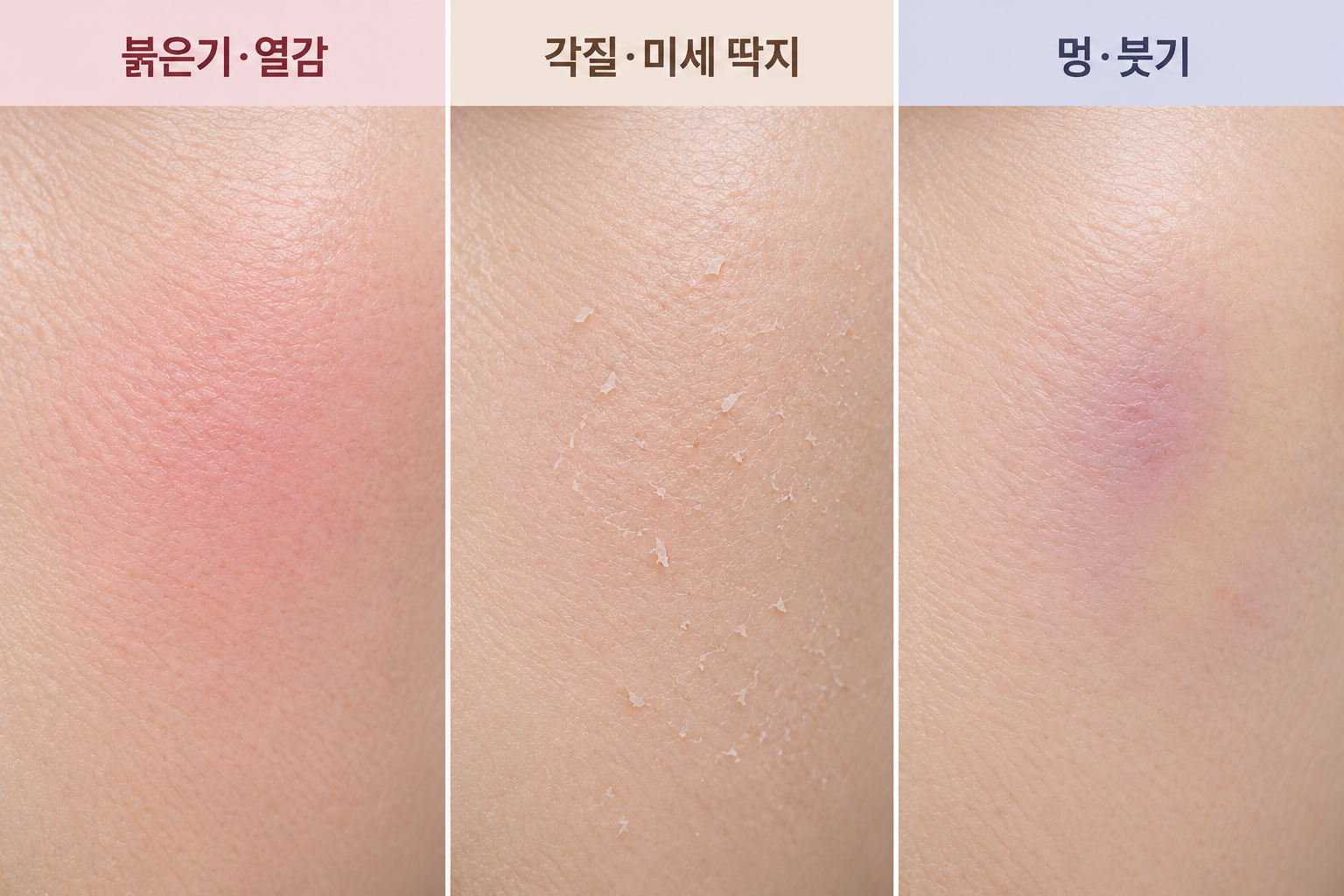 패인 흉터 치료 후 나타날 수 있는 붉은기 열감 각질 미세 딱지 멍 붓기 비교
