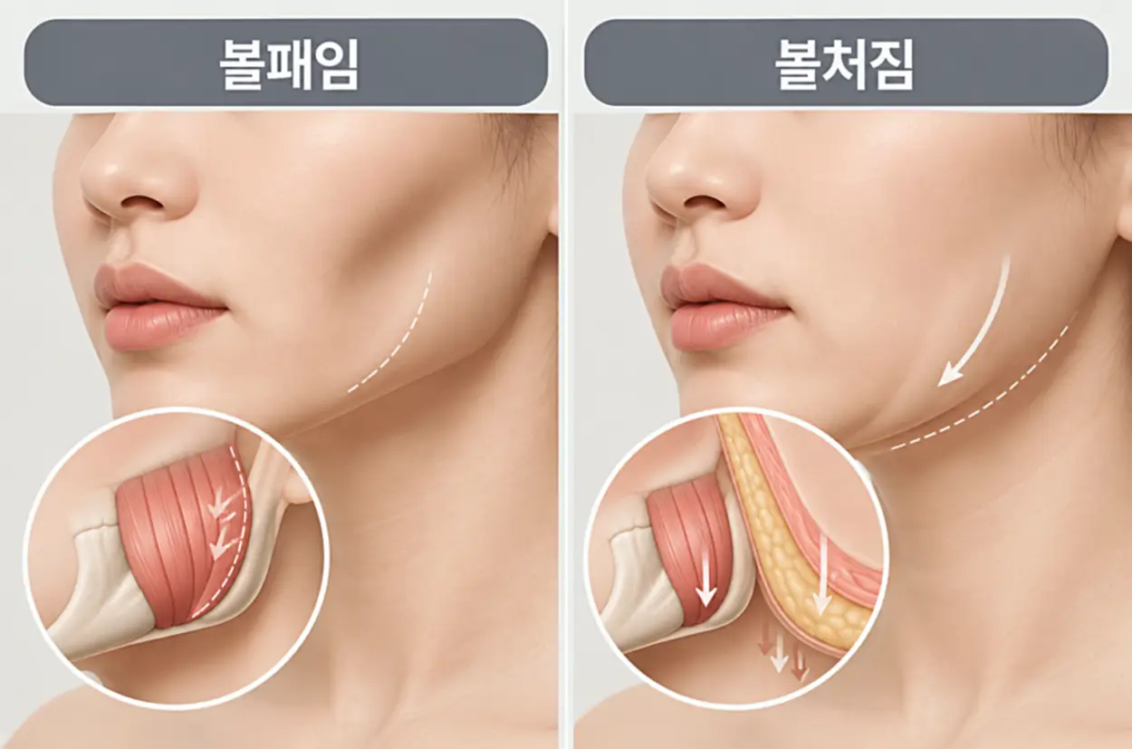 턱보톡스 후 교근 부피 감소로 나타날 수 있는 볼패임과 피부 탄력 저하에 따른 볼처짐의 원인을 비교한 인포그래픽