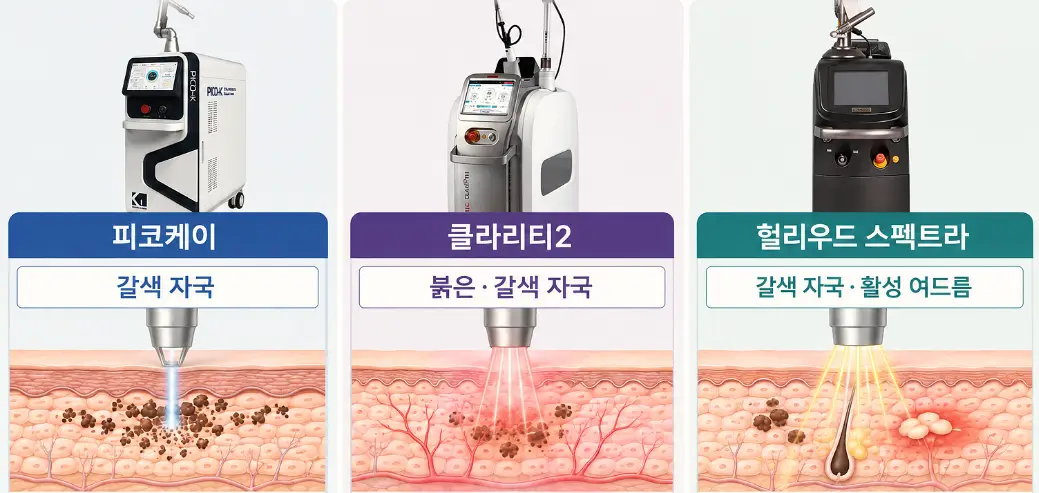 피코케이·클라리티2·헐리우드 스펙트라의 착색 제거 방식 차이