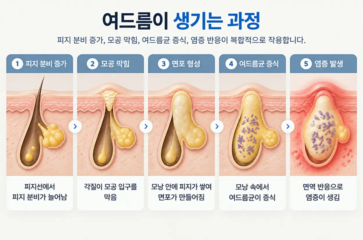 여드름이 생기는 과정을 5단계로 나타낸 이미지