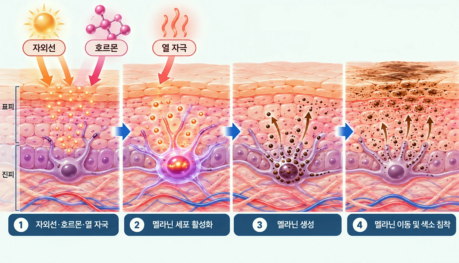자외선, 호르몬, 열 자극이 멜라닌 세포를 활성화해 기미 색소가 짙어지는 과정을 정리한 흐름 이미지