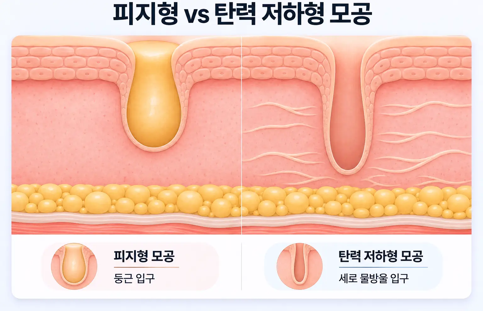 피지가 찬 둥근 모공과 탄력 저하로 세로로 늘어진 모공을 한 단면에 나란히 그린 단면도