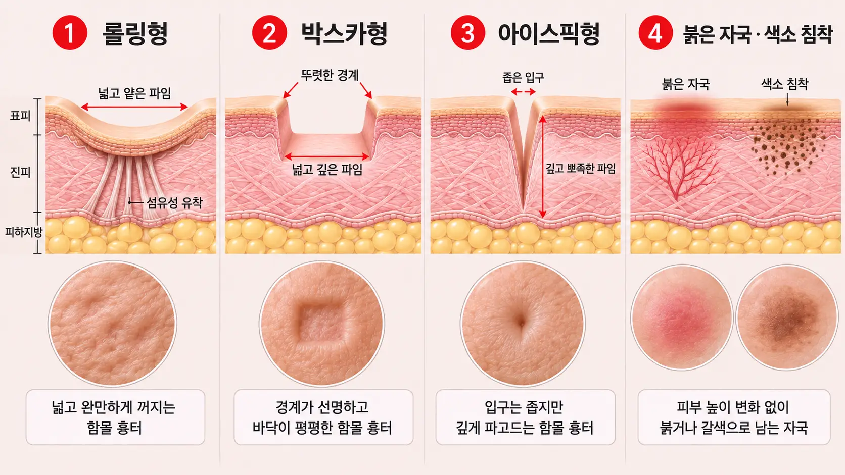 여드름흉터 유형별 단면 비교 일러스트 롤링형 박스카형 아이스픽형