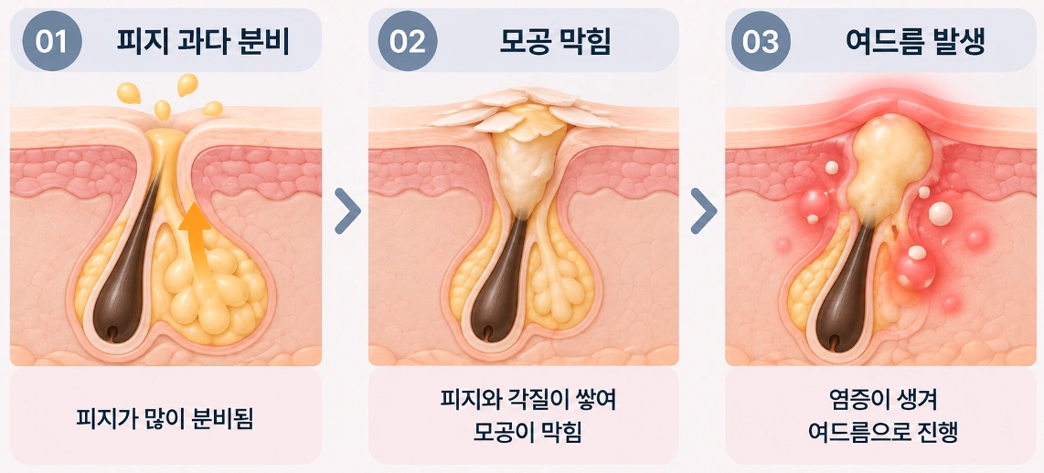 피지가 과도하게 분비된 뒤 각질과 함께 모공을 막아 여드름이 발생하는 3단계 과정을 나타낸 피부 단면도