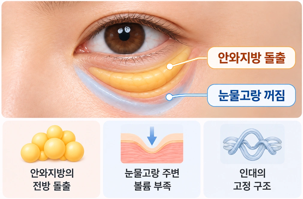 안와지방 돌출과 눈물고랑 꺼짐, 인대의 고정 구조가 눈밑 윤곽에 미치는 영향을 설명한 해부학적 인포그래픽