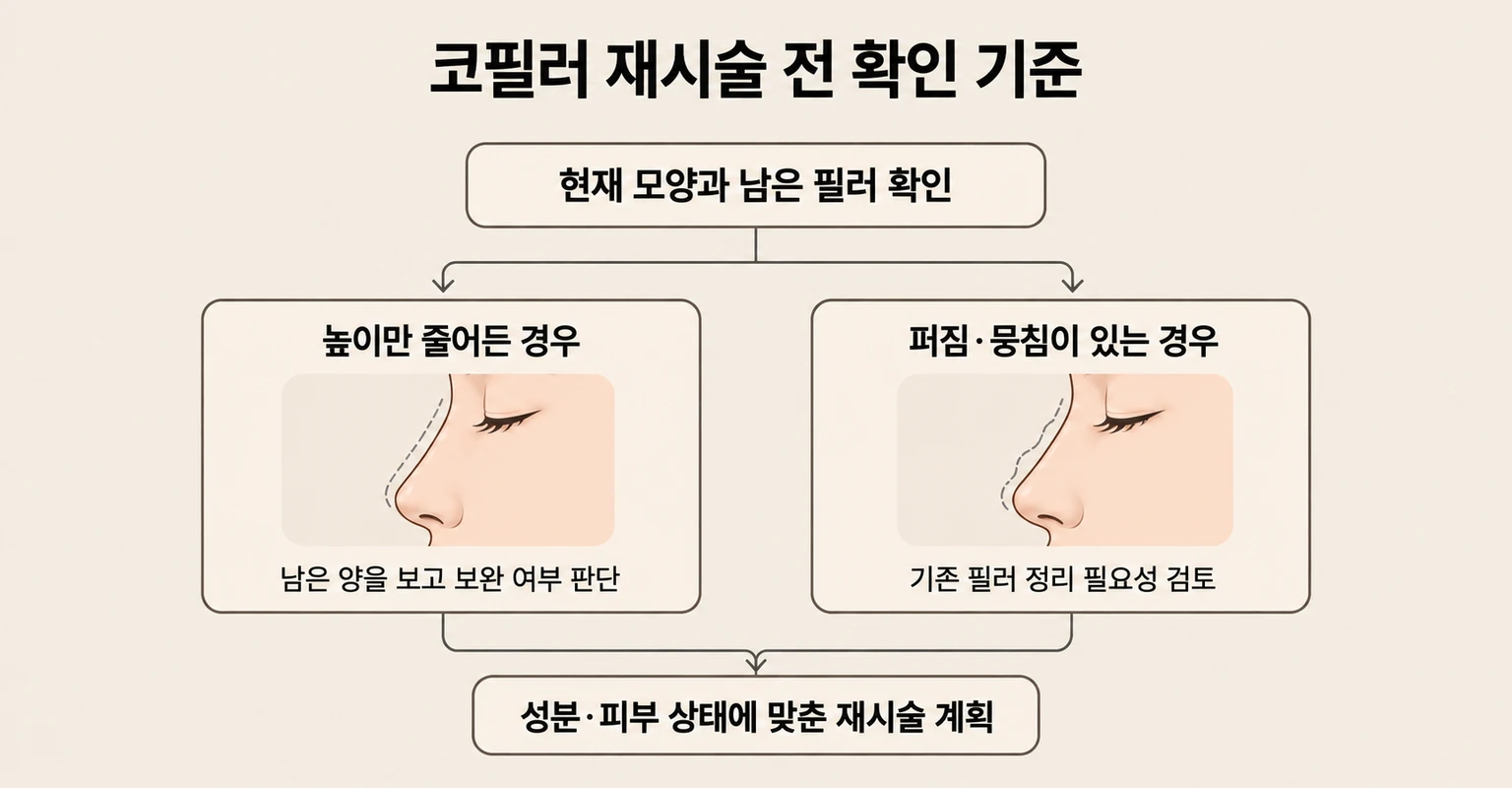 남은 필러와 콧대의 퍼짐·뭉침을 확인해 재시술 방향을 정하는 흐름
