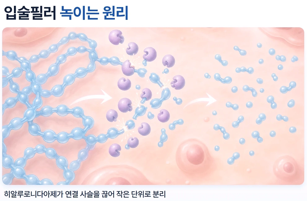 히알루로니다아제가 히알루론산의 연결 사슬을 끊어 작은 단위로 분해하는 입술필러 녹이는 원리 인포그래픽
