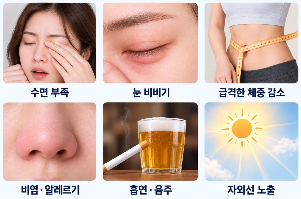 수면 부족, 눈 비비기, 급격한 체중 감소, 비염·알레르기, 흡연·음주, 자외선 노출 등 눈밑꺼짐에 영향을 줄 수 있는 요인을 정리한 인포그래픽