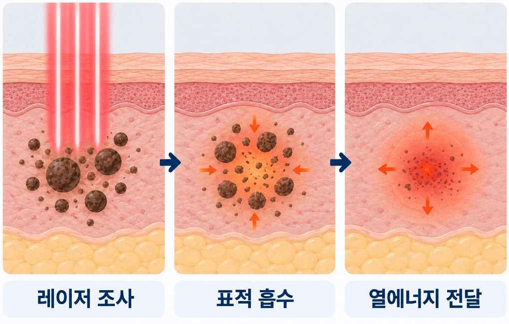 레이저 조사 후 표적 색소가 에너지를 흡수하고 열에너지로 전달되는 과정을 단계별로 표현한 피부 단면도