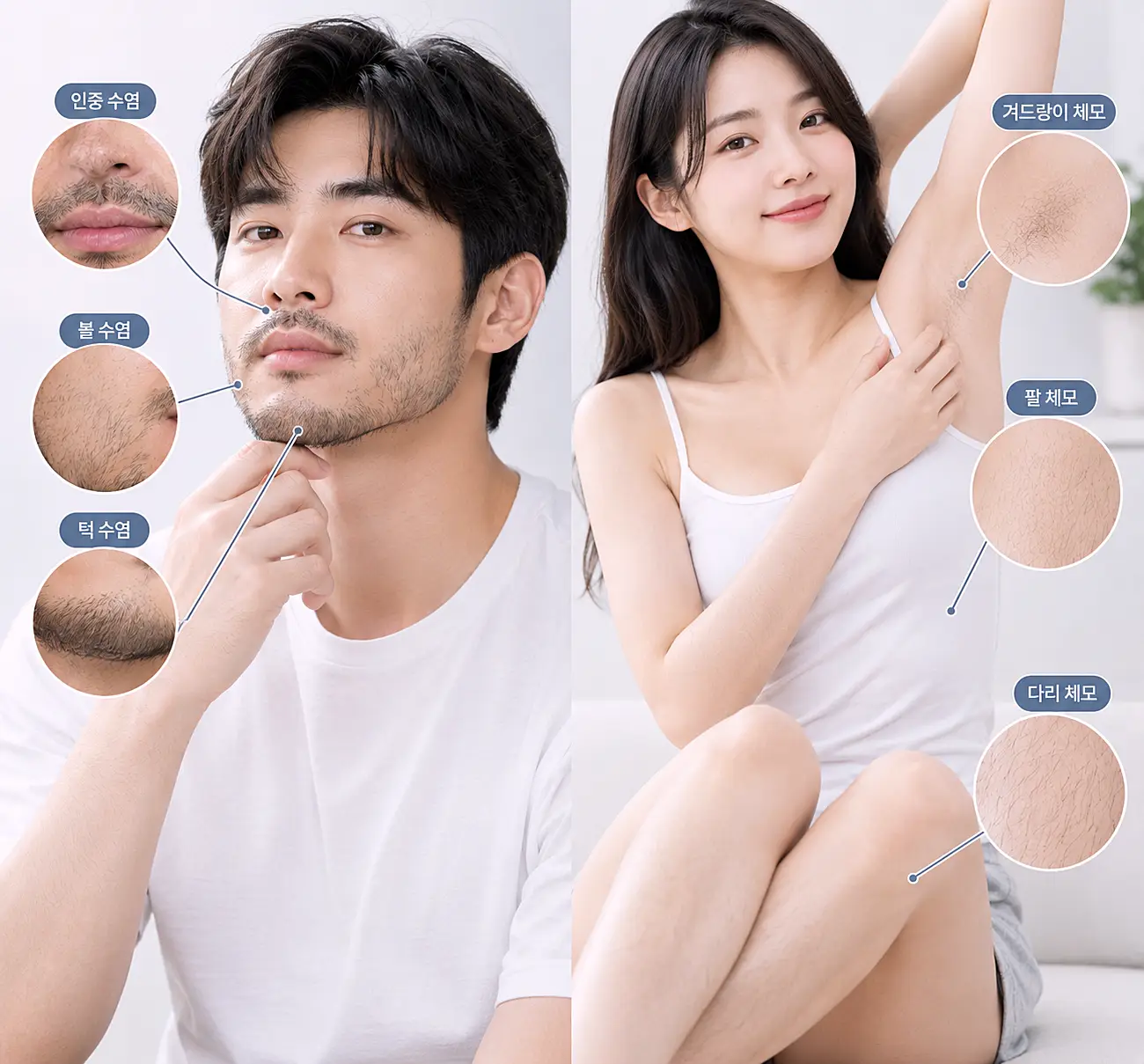 남성 여성 레이저 제모 주요 부위 비교 - 수염 팔다리 겨드랑이
