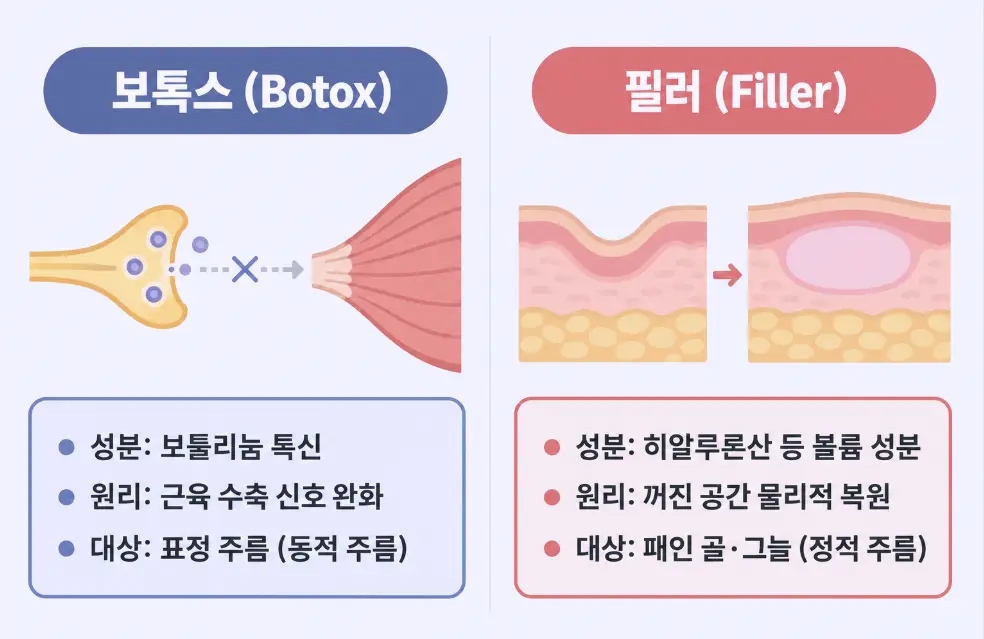 보톡스와 필러의 성분 작용 원리 및 적용 주름 대상 비교 인포그래픽