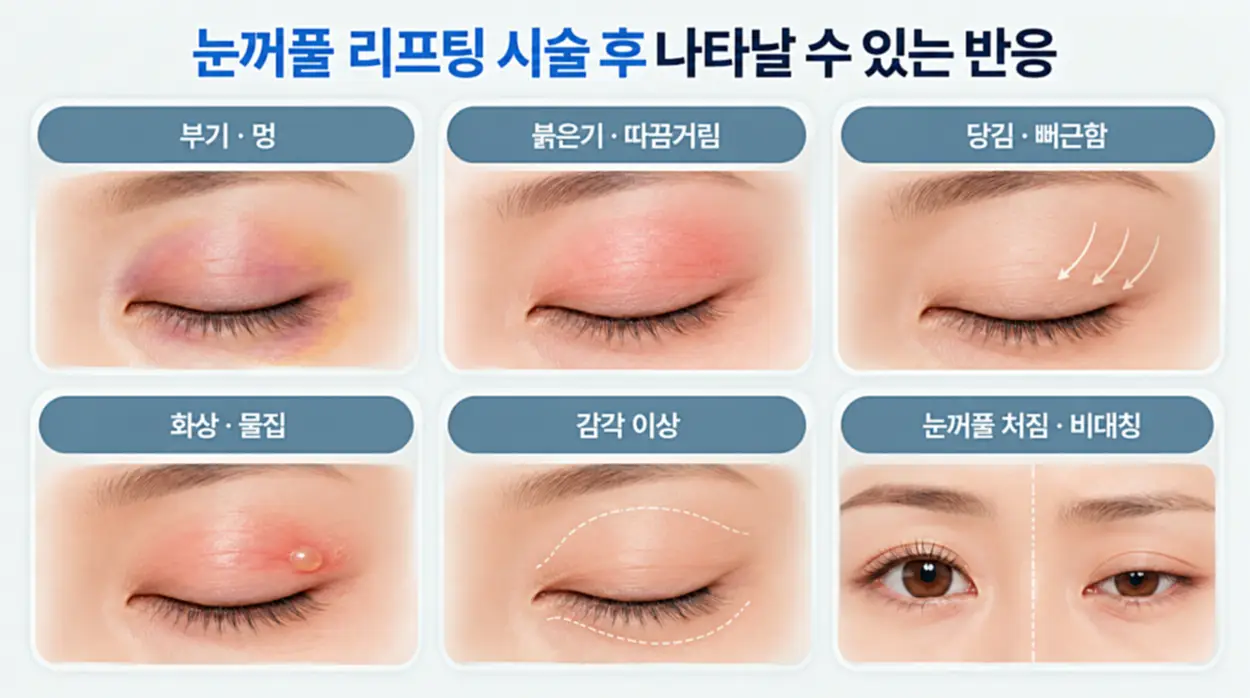 눈꺼풀 리프팅 시술 후 나타날 수 있는 부기·멍, 붉은기·따끔거림, 당김·뻐근함, 화상·물집, 감각 이상, 눈꺼풀 처짐·비대칭 등 6가지 반응을 비교한 인포그래픽