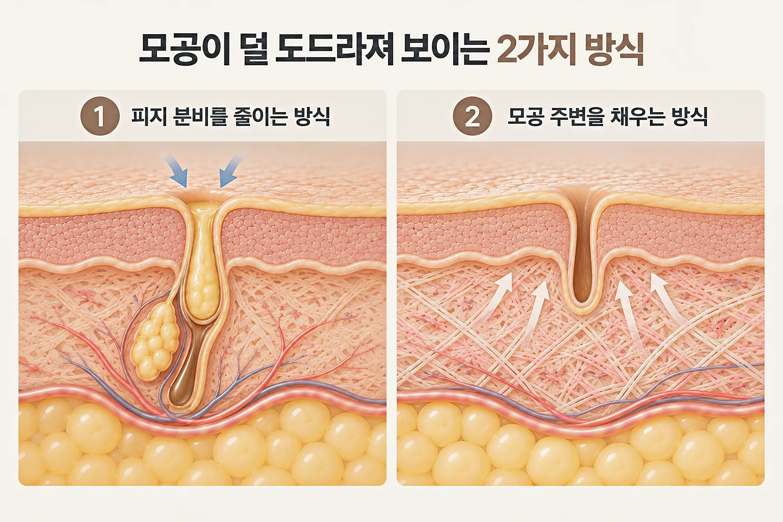 모공 덜 도드라져 보이는 방식 - 피지가 나오는 양을 줄이거나 모공 주변을 채우거나