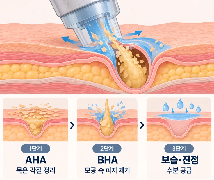 아쿠아필 시술 시 AHA를 이용한 묵은 각질 정리, BHA를 이용한 모공 속 피지 제거, 보습·진정까지 3단계 과정을 나타낸 피부 단면도