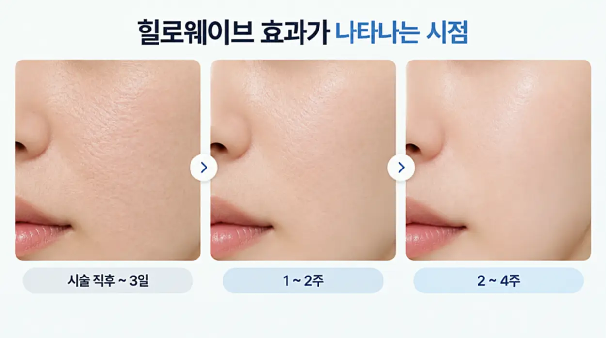 힐로웨이브 시술 후 3일, 1~2주, 2~4주에 따른 피부결과 모공 변화 예시 비교