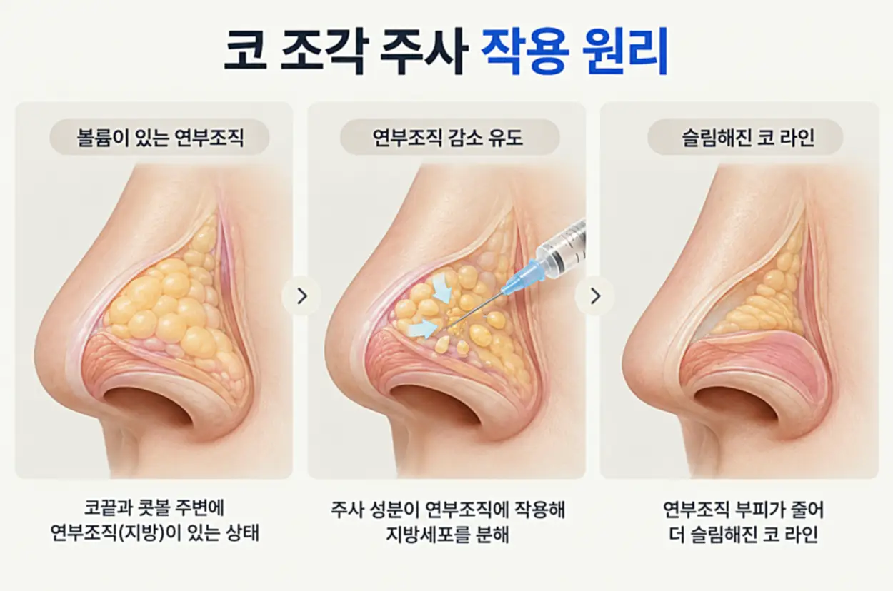 코 조각 주사가 코끝과 콧볼 주변 연부조직에 작용해 지방 부피 감소를 유도하는 과정을 단계별로 나타낸 피부 단면 일러스트