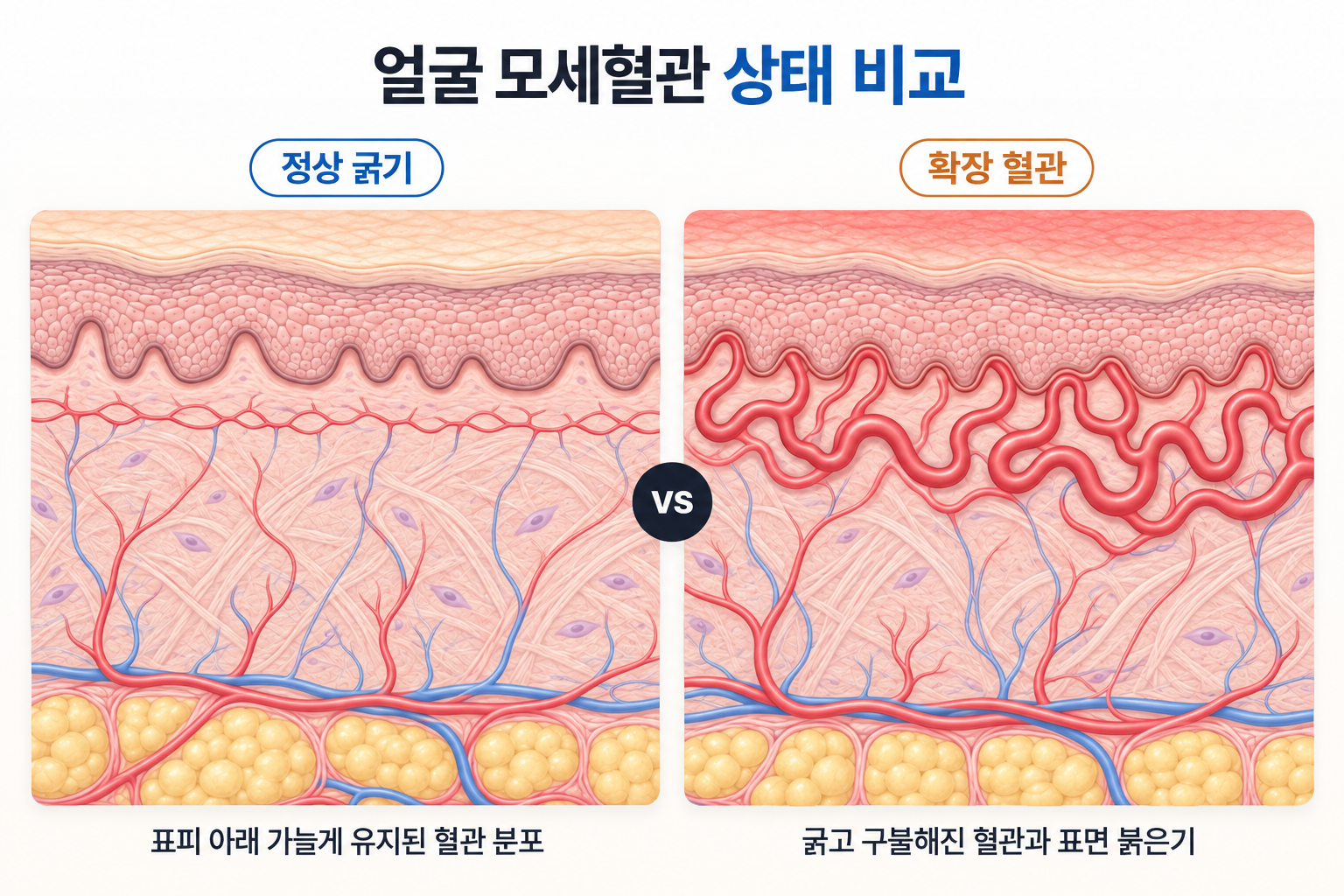 안면홍조 정상 굵기 혈관과 확장 혈관 비교