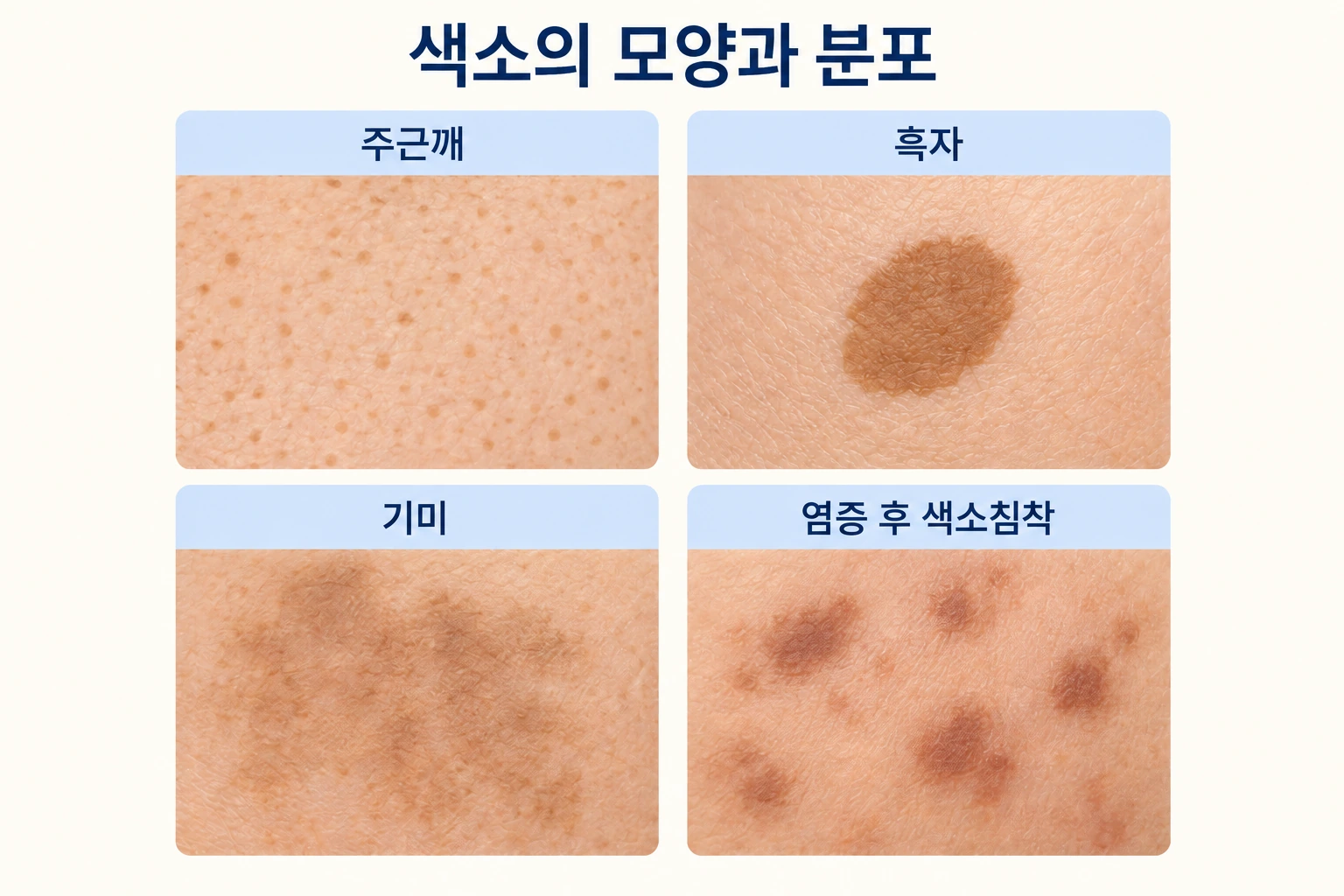 주근깨, 흑자, 기미, 염증 후 색소침착의 외형을 비교한 설명용 피부 표면 일러스트