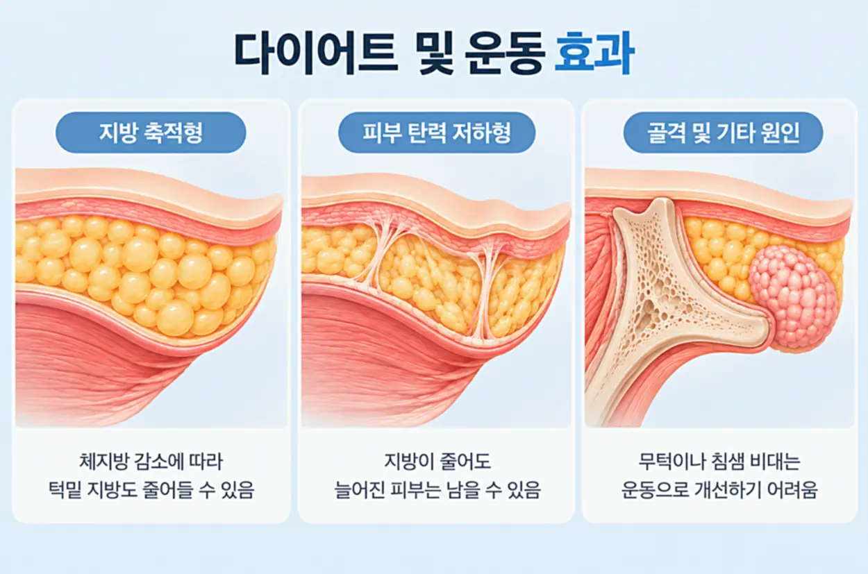 턱밑살 생기는 이유에 따른 다이어트 및 운동 효과 비교 인포그래픽, 지방 축적형·피부 탄력 저하형·골격 및 침샘 비대 유형별 턱밑 조직 단면도
