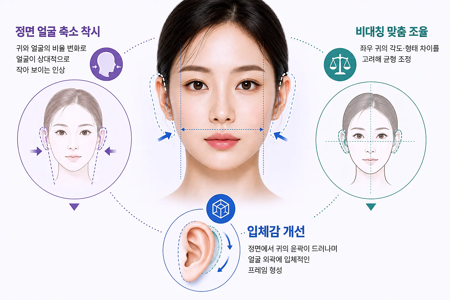 누운 귀 필러 효과 - 정면 얼굴 축소 착시, 입체감 개선, 비대칭 맞춤 조율