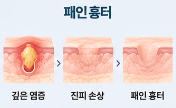 깊은 여드름 염증이 진피 조직을 손상시키고 회복 후 패인 흉터로 남는 과정을 단계별로 나타낸 피부 단면 모식도