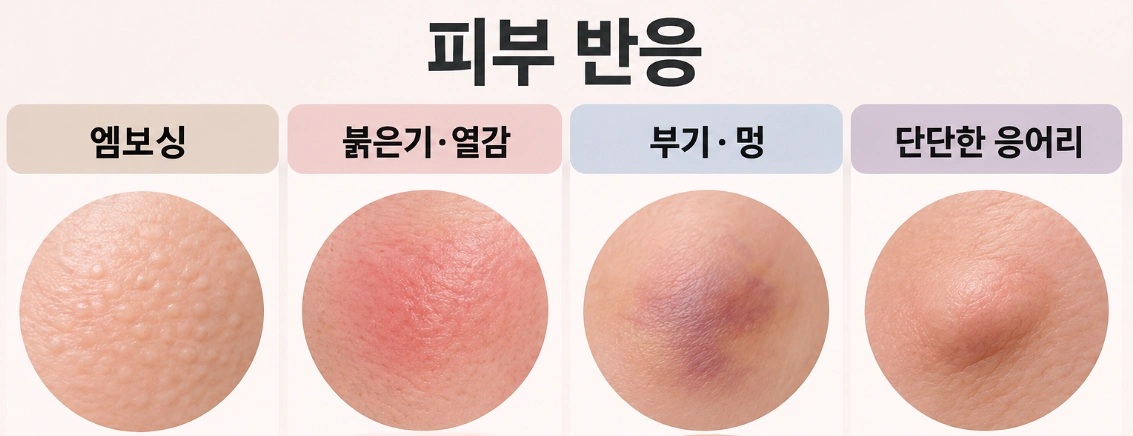 스킨부스터 시술 후 나타날 수 있는 엠보싱, 붉은기와 열감, 부기와 멍, 단단한 응어리를 비교한 이미지