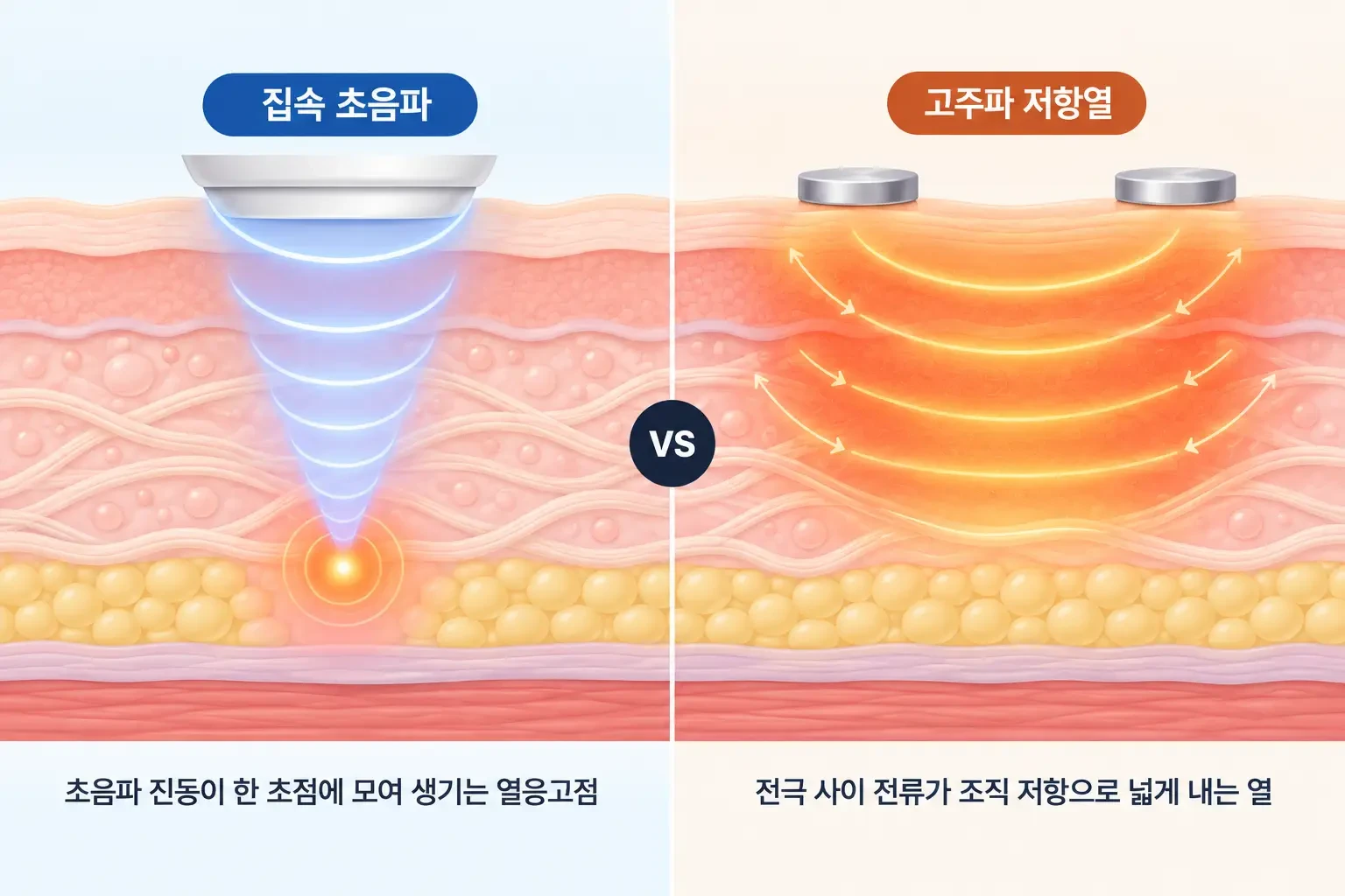 한 초점에 모이는 집속 초음파와 전극 사이 고주파 전류의 열 발생 원리를 비교한 개념도
