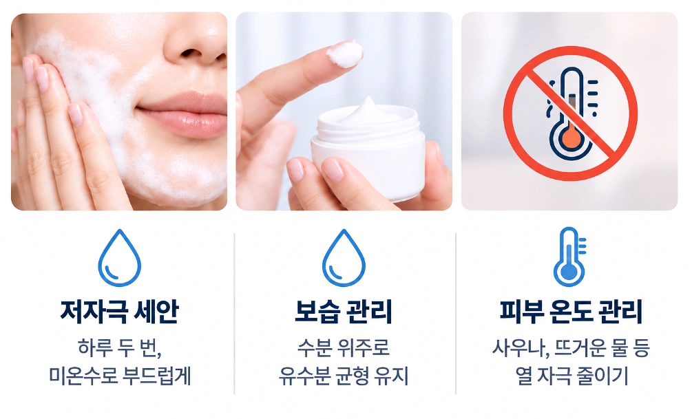 저자극 세안과 보습, 피부 온도 관리를 통해 피지 자극을 줄이는 방법을 정리한 이미지