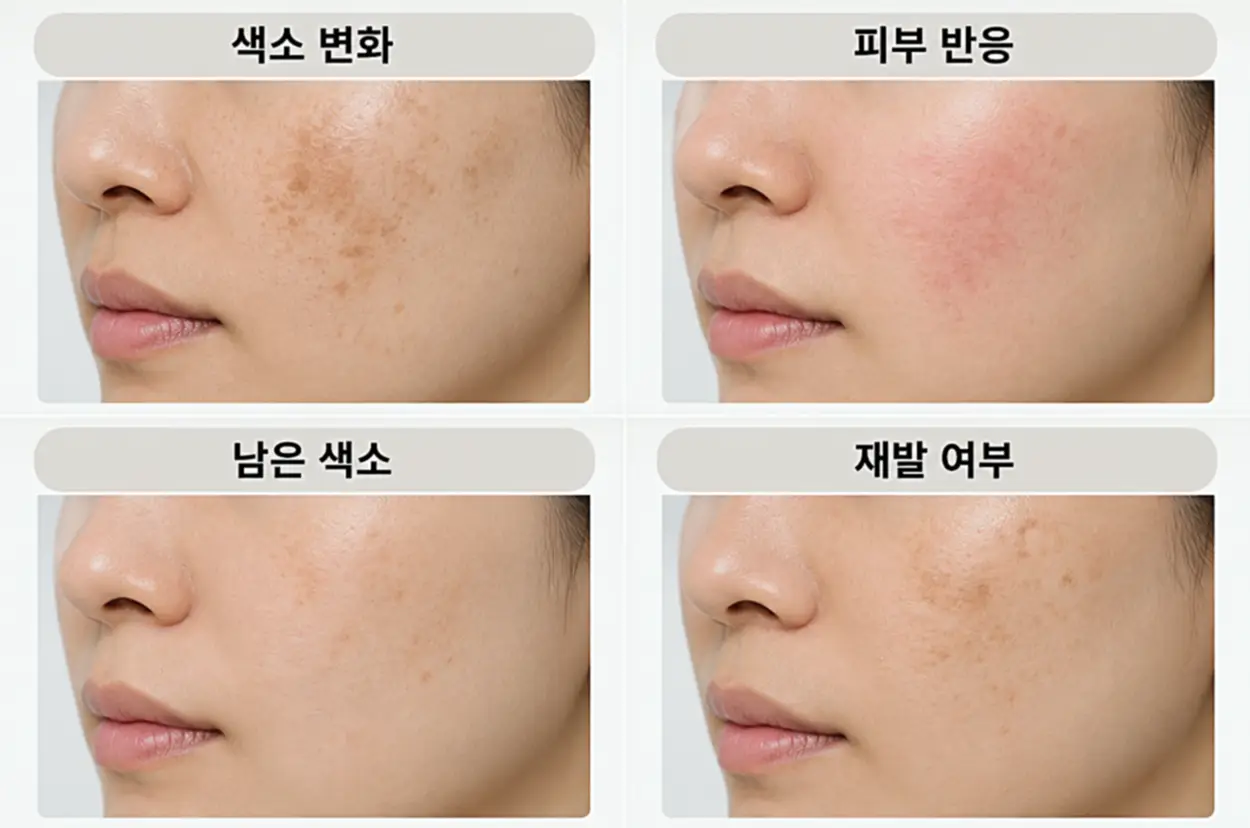 기미 주근깨 레이저 치료 후 색소 변화, 피부 붉은기, 남은 색소 및 재발 여부를 비교한 얼굴 피부 이미지