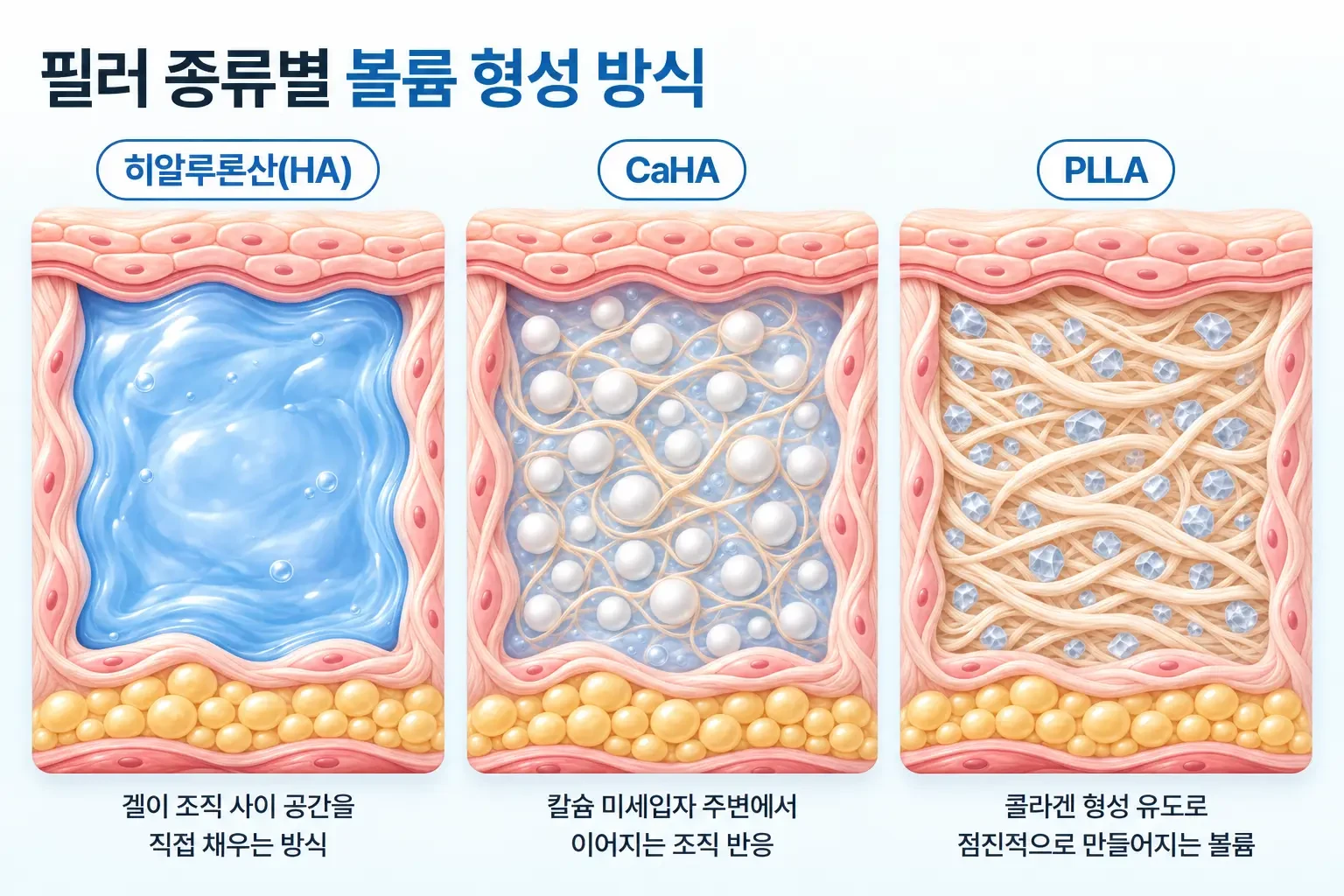 히알루론산 겔, 칼슘 미세입자, PLLA 입자가 조직 안에서 볼륨을 만드는 방식을 비교한 개념도