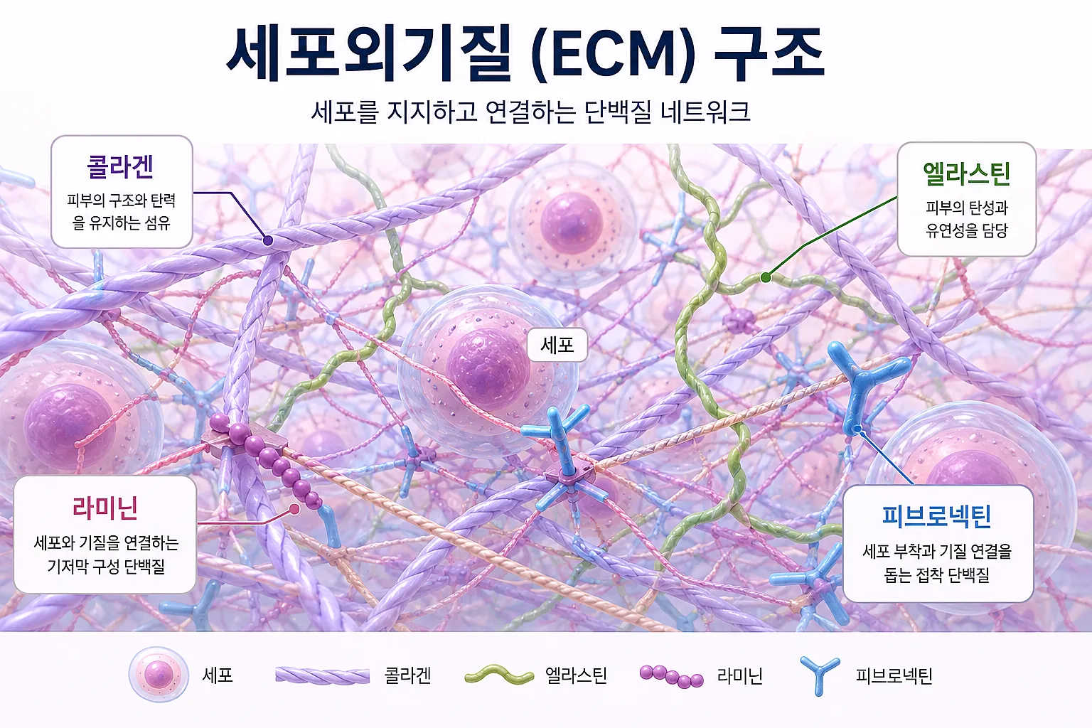 세포외기질 ECM 구조 - 콜라겐 엘라스틴 라미닌 피브로넥틴 그물망