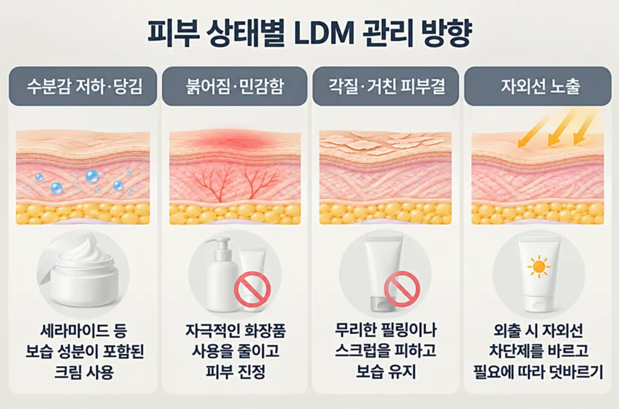피부 상태별 LDM 관리 방향 인포그래픽, 수분감 저하·당김에는 보습 크림 사용, 붉어짐·민감함에는 피부 진정, 각질·거친 피부결에는 필링과 스크럽 자제, 자외선 노출에는 자외선 차단제 사용을 안내한 이미지