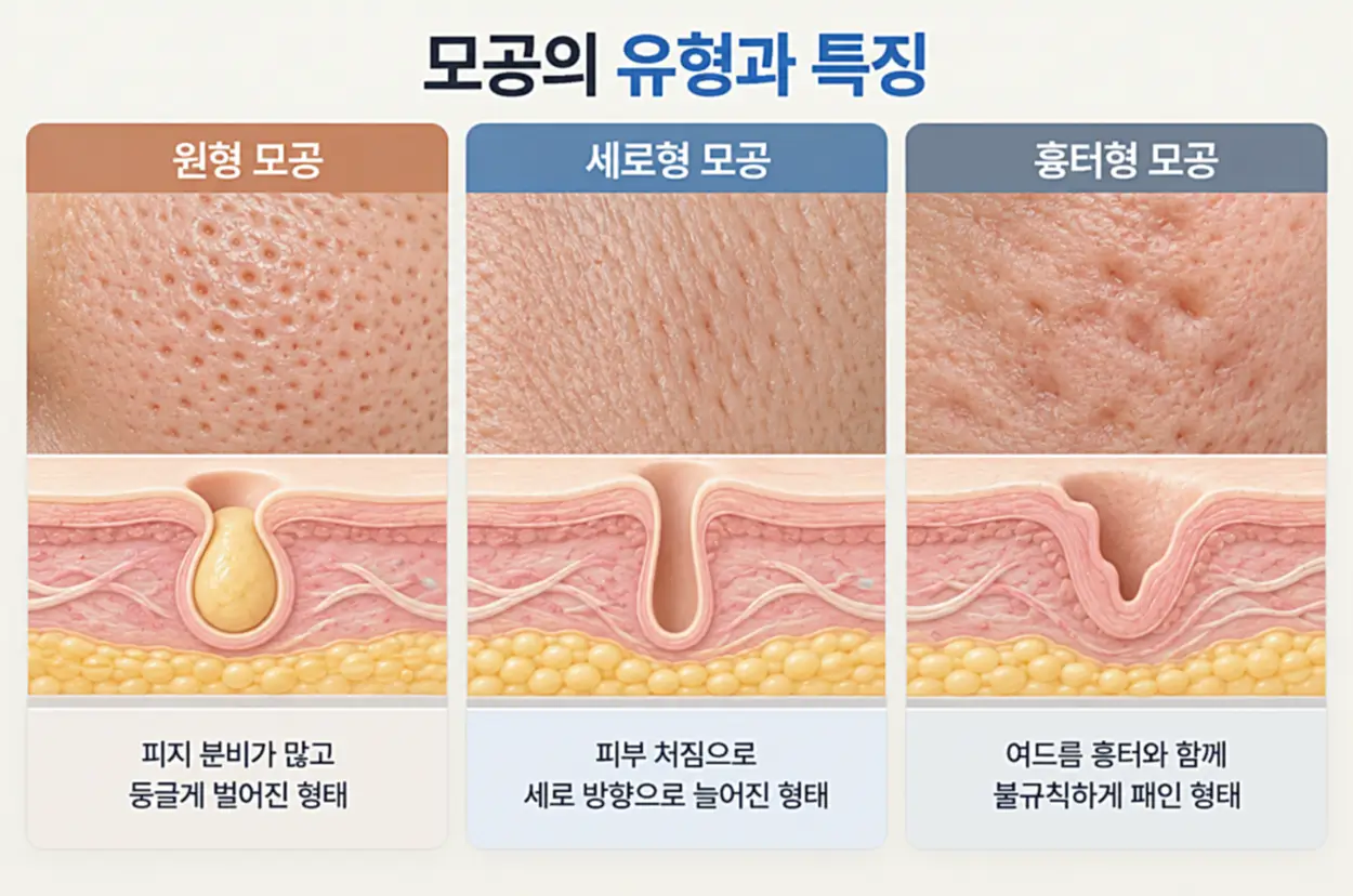 모공 유형 3가지 원형, 세로형, 흉터형을 나타내는 이미지