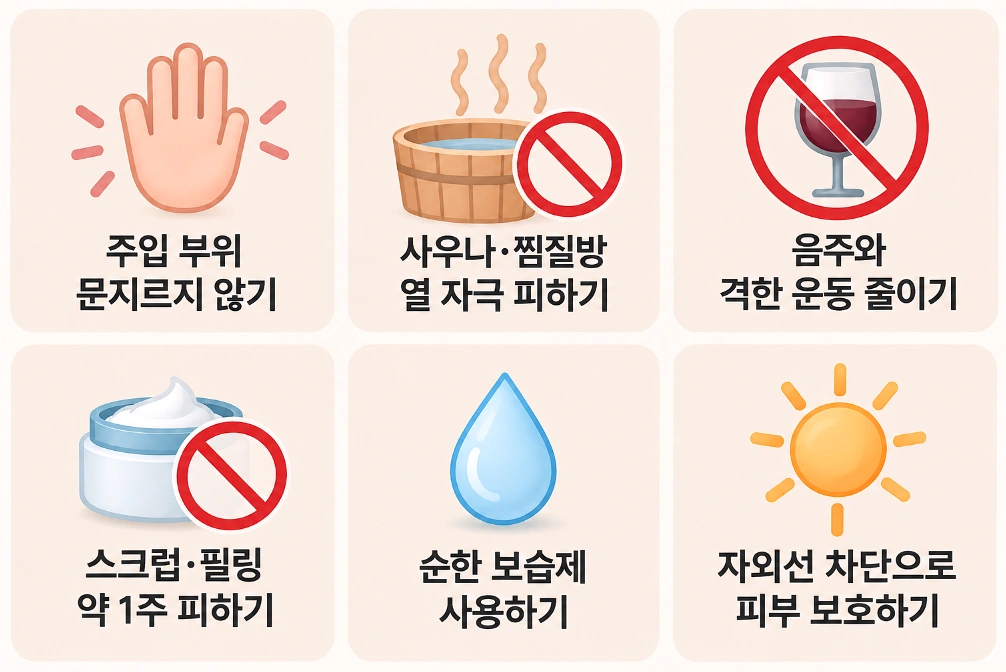 스킨보톡스 시술 후 주입 부위 자극, 사우나·찜질방, 음주와 격한 운동, 스크럽·필링, 보습 및 자외선 관리 등 6가지 주의사항을 정리한 인포그래픽