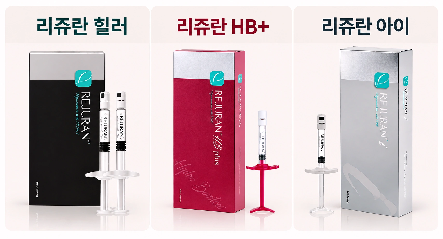 리쥬란 힐러, 리쥬란 HB+, 리쥬란 아이 제품의 종류와 특징을 비교한 이미지