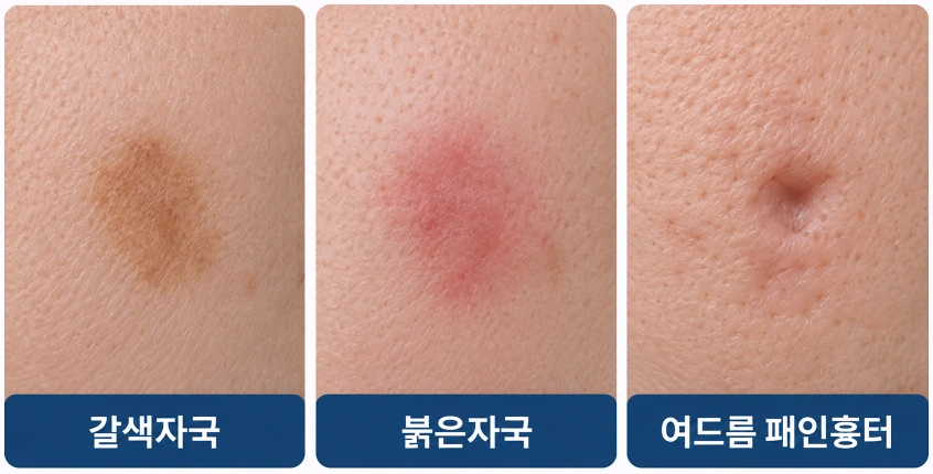 여드름 후 남을 수 있는 갈색자국·붉은자국·패인 흉터의 피부 표면 차이를 비교한 이미지