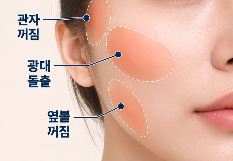 관자 꺼짐, 광대 돌출, 옆볼 꺼짐 부위를 여성 얼굴에 표시한 시술 부위 안내 이미지