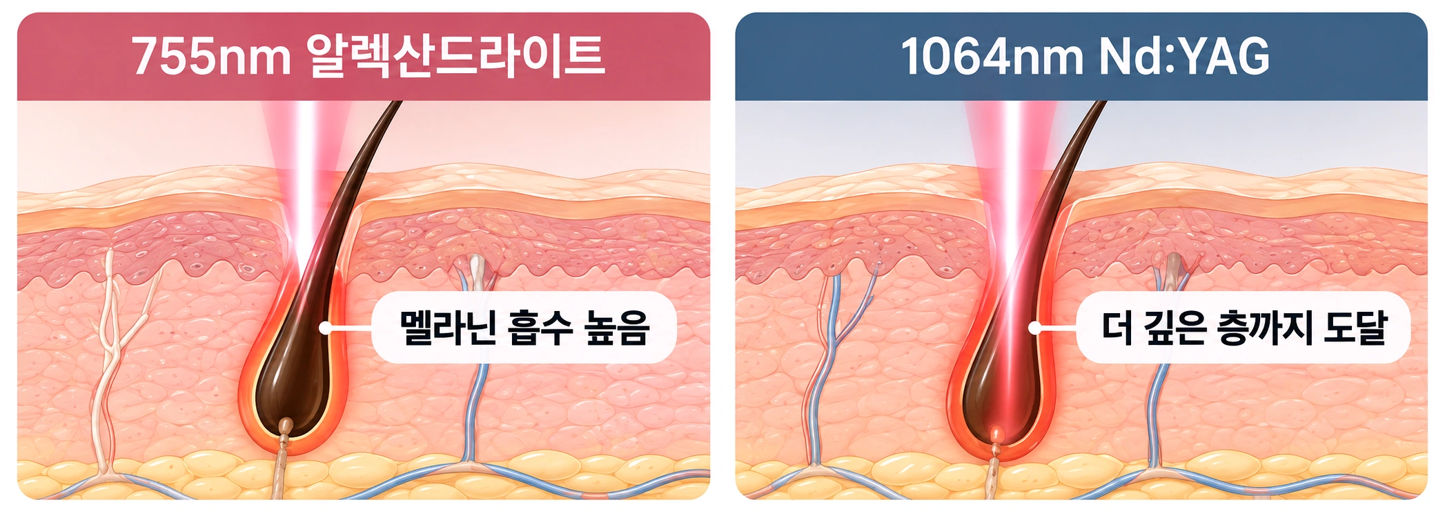 클라리티 제모에 사용되는 755nm 알렉산드라이트와 1064nm NdYAG 레이저의 멜라닌 흡수와 도달 깊이 차이를 비교한 피부 단면도